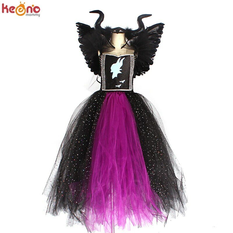 마술사 악마 여왕 소녀 멋진 투투 드레스, 뿔 날개, 반짝이 어린이 다크 요정 마녀 가운 드레스, 할로윈 코스프레 코스튬