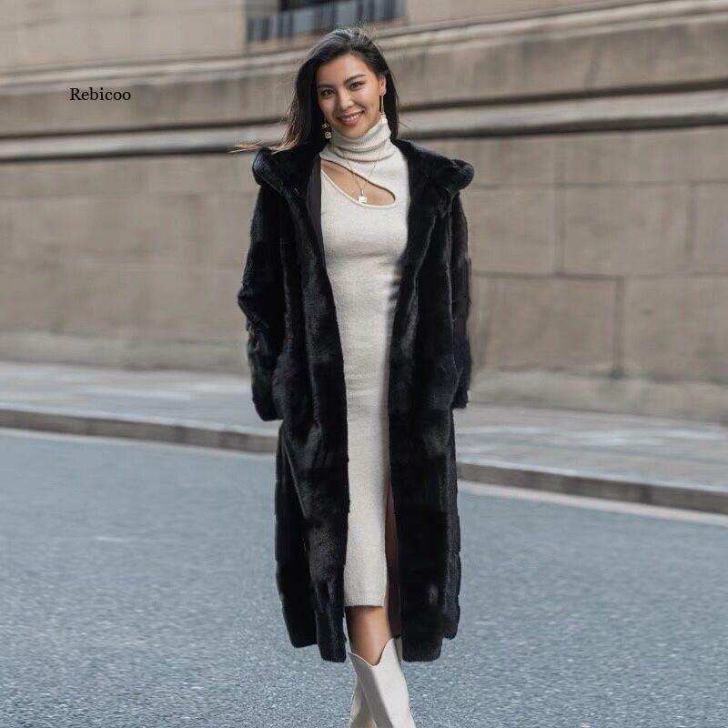 Coreano longo casaco de pele do falso com capuz feminino inverno quente manga longa preto feminino falso casaco de vison outwear moda