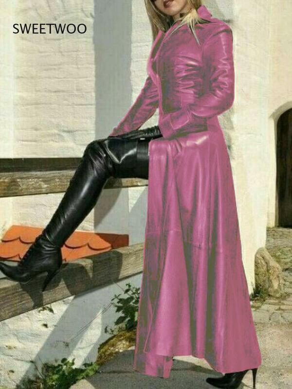 المرأة Vintage معطف جلد فو سترة طويلة كبيرة الحجم وهمية الجلود خندق معطف الخريف الرجعية معطف الموضة النسائية الزي