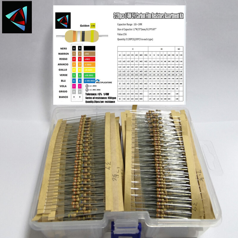 Электронные компоненты, 3120 шт., 156 значений, 1 -10 м ом, 1/4 Вт, 5% углеродная пленка, комплект резисторов в ассортименте