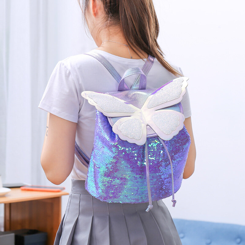 Moda de viagem dos desenhos animados holograma lantejoulas adolescente meninas borboleta drawstring mochila ombro mochila escolar daypack