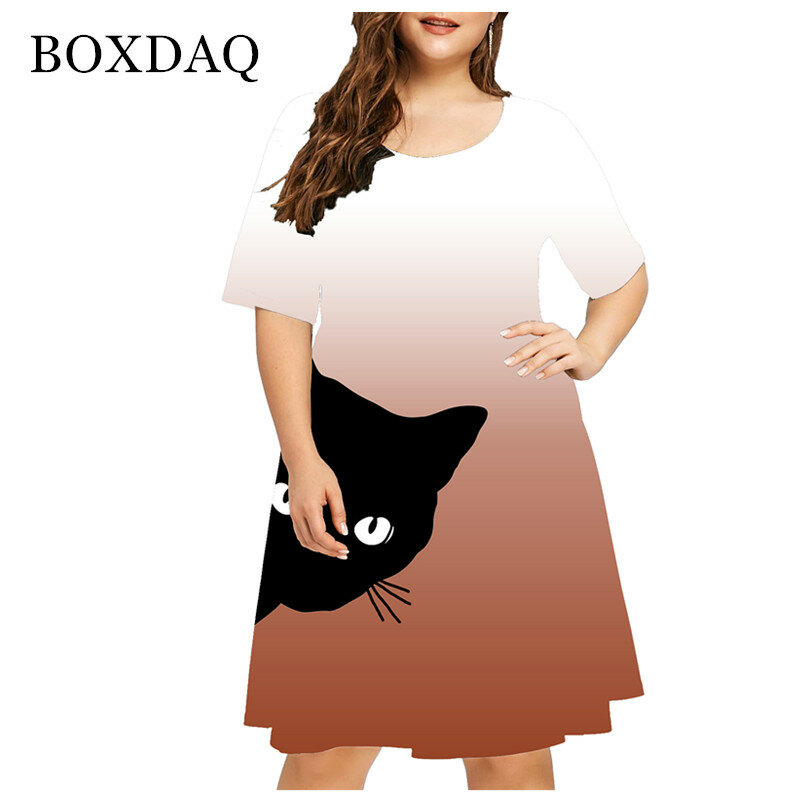 Vestido corto informal con estampado de gato para mujer, minivestido de manga corta a la moda, 4XL talla grande, verano, 2021