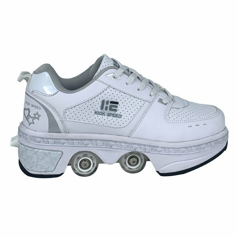 Novidade tênis de dupla finalidade para patins, sapatos de deformação, fila dupla, aprimorados, branco, cano baixo, 4 rodas