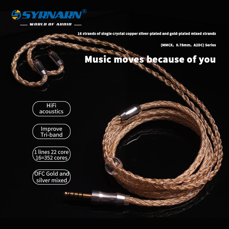 SYRNARN 16 rdzeń srebrny pozłacany kabel słuchawek 3.5/4.4mm do 0.78mm 2pin/MMCX/A2DC zbalansowany kabel do słuchawek HIFI