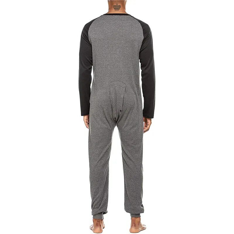 2021 긴팔 컬러블록 패치워크 원피스 잠옷, 캐주얼 홈웨어 잠옷, 남성용 버튼업 점프수트 잠옷