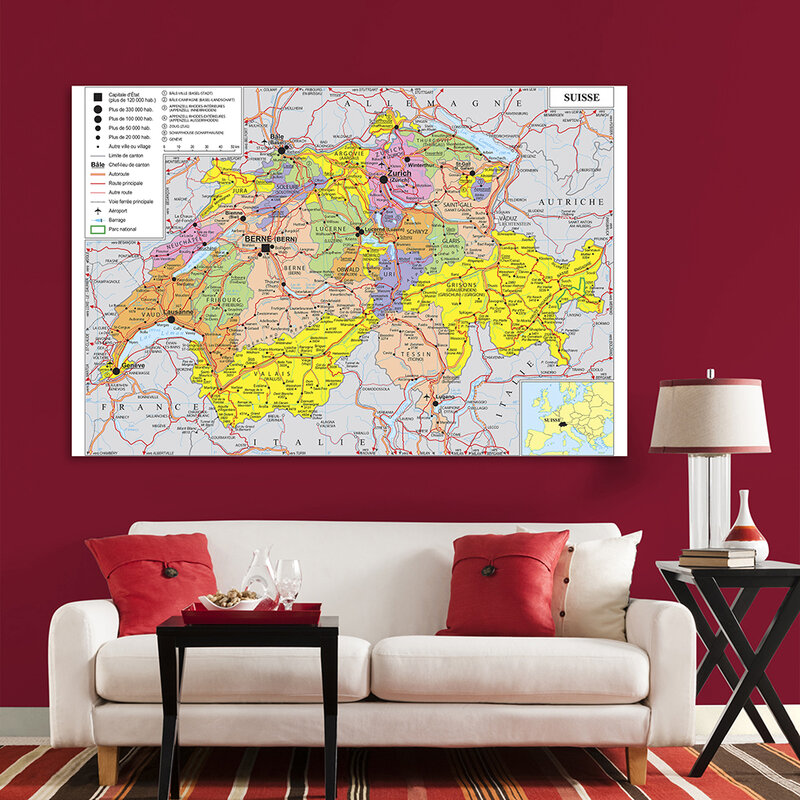Mapa de transporte de suiza en francés, lienzo no tejido, pintura, póster grande, decoración del hogar, suministros escolares, 225x150cm