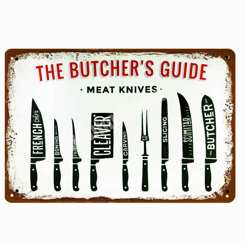 Butcher's guia do vintage sinais de metal cortar carne de vaca frango porco pato cartaz cozinha placas decorativas adesivos parede n286