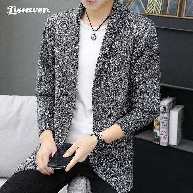 Liseaven-Cardigans soltos de manga comprida masculino, jaqueta monocromática, tops casuais, roupas de malha, suéter