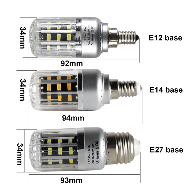 Bombillas led milho lâmpada 5w e12 e14 e27 alumínio spotlight lâmpada de poupança energia alta qualidade 110v 220v iluminação da vela da sala casa