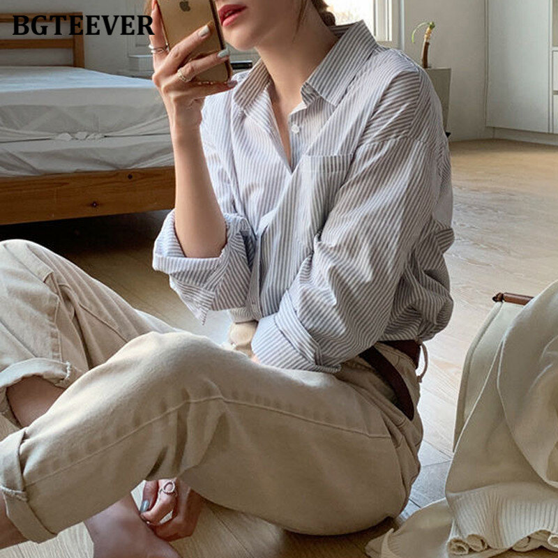 BGTEEVER-빈티지 여성 스트라이프 블라우스 턴 다운 칼라 긴 소매 느슨한 여성 셔츠, 캐주얼 탑스 Femme 2021 봄
