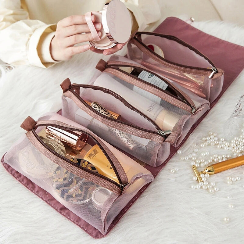 Travel Organizer Cosmetic Bags Foldable Cosmetic Daily Toiletries Pouch Storage Bag Separable Drawstring Women's Makeup Bag Wash