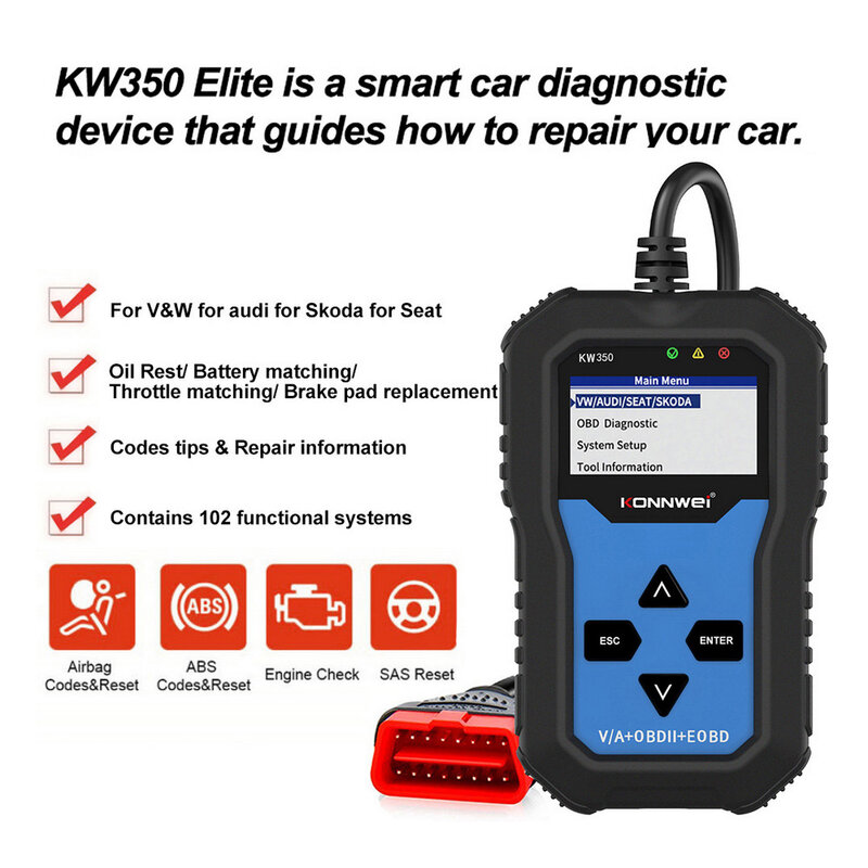 OBD2 Scanner de voiture | KONNWEI KW350 V007 pour V'W pour A'udi voiture, testeur de diagnostic, scanner de diagnostic de voiture