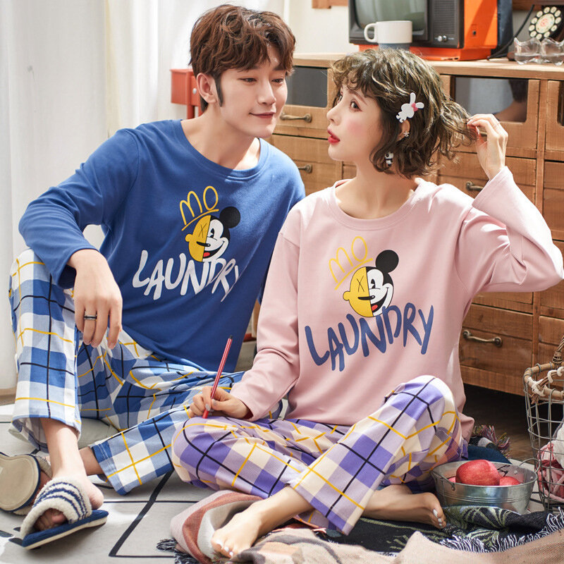 Pijama de algodão para homens e mulheres, pijama de manga longa para casal