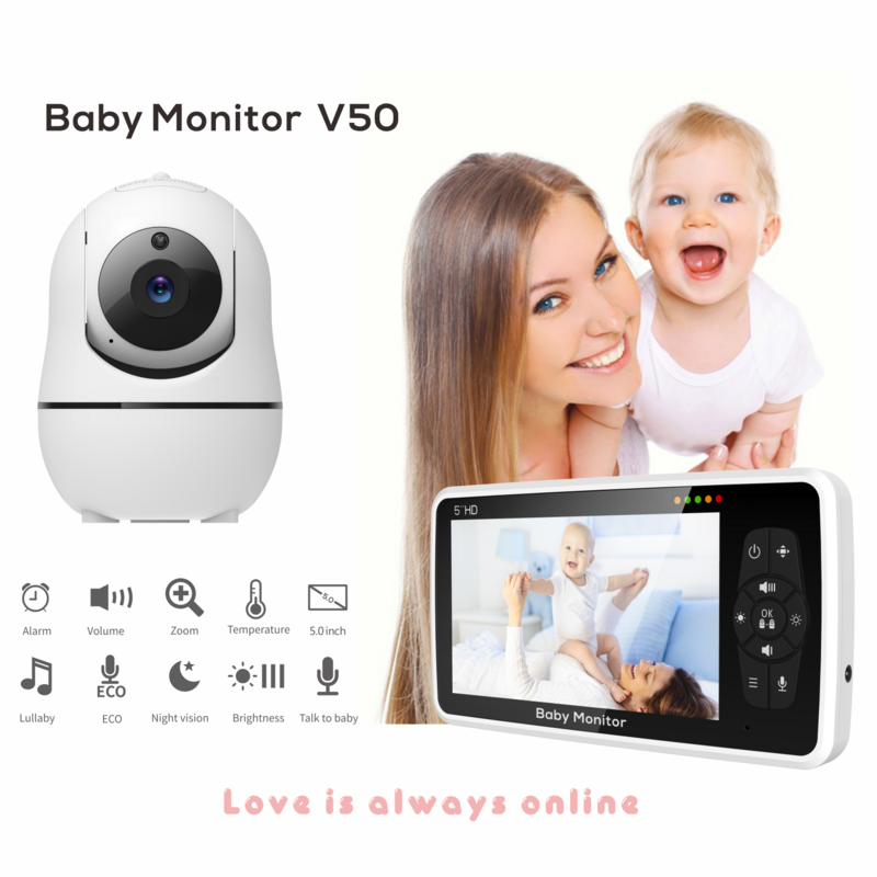 Monitor Bayi Video 5 Inci Baru dengan Kamera dan Audio, Zoom 4X, Baterai 22 Jam, Rentang 1000ft Sensor Suhu Audio 2 Arah Pengantar Tidur