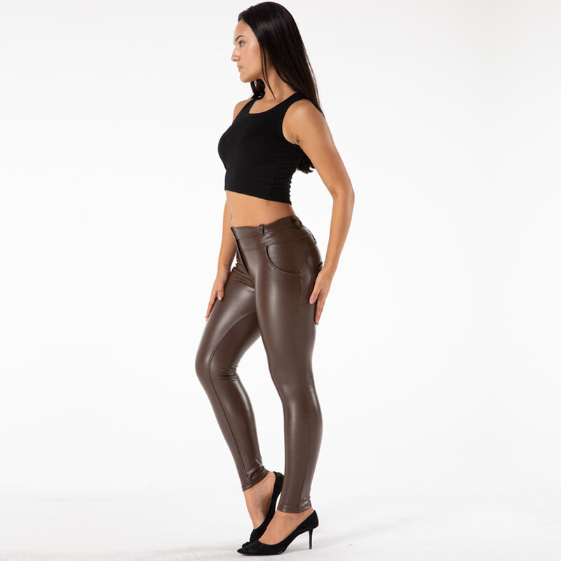 Melody Wear – pantalon en cuir marron pour femme, legging extensible, Look mouillé, pantalon Streetwear pour femme, taille moyenne, jegging en cuir, vêtements Slim
