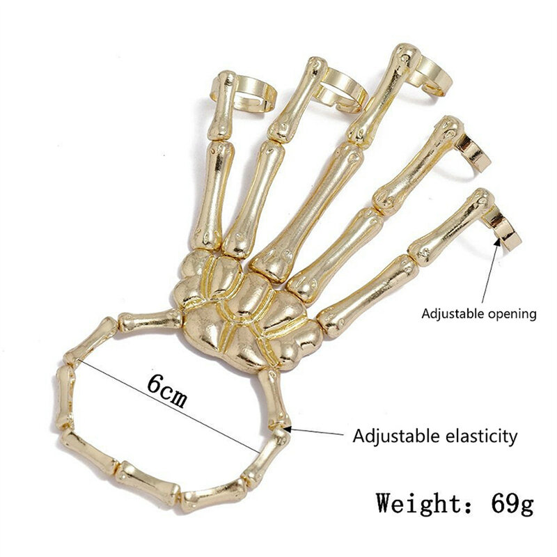 Novo único punk esqueleto osso da mão versátil cinco anel de dedo pulseira ajustável de uma cadeia pulseira de halloween unisex
