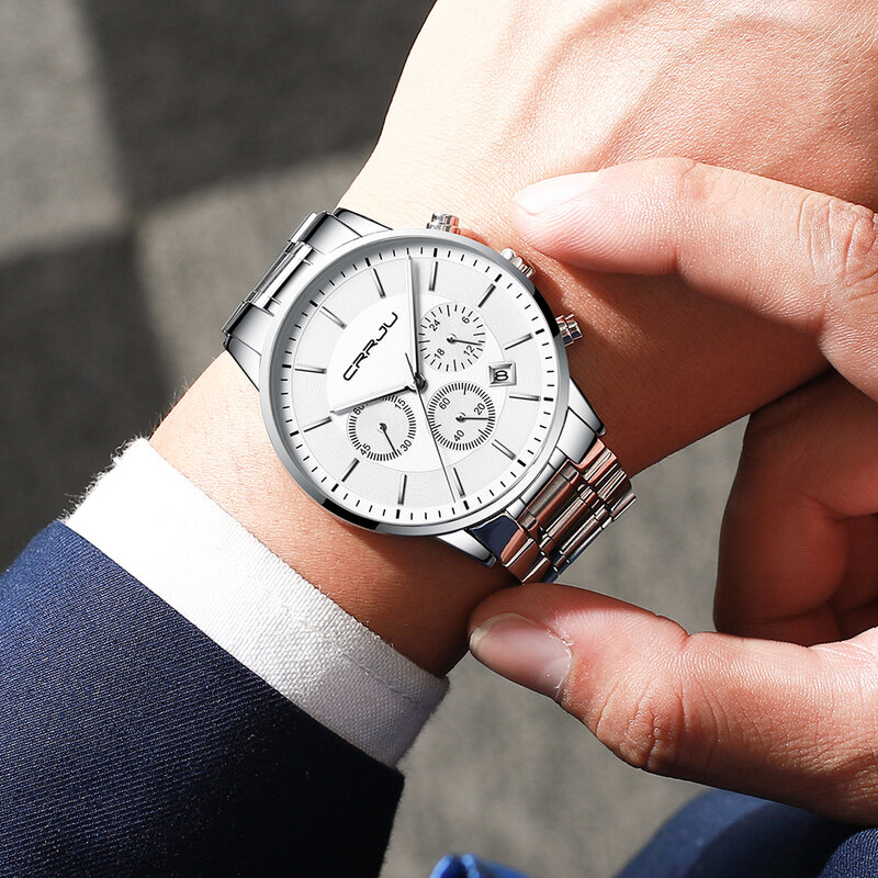 Часы наручные CRRJU мужские с хронографом, модные брендовые роскошные в деловом стиле, из нержавеющей стали, 2019