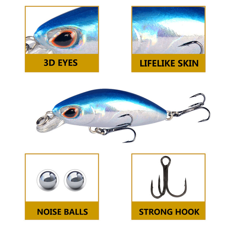 Señuelo duro de pesca Minnow, cebo Artificial biónico, ojos 3D, 40mm, Wobblers, Crankbait, hundimiento, duro, 1 unidad
