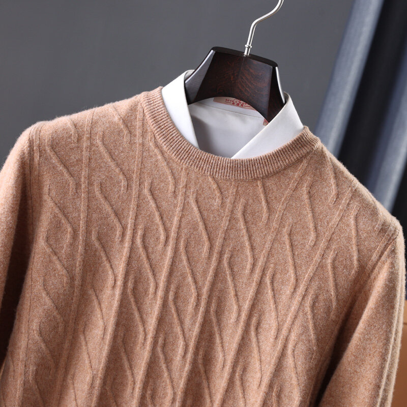Suéteres suaves y cálidos para hombre, jerseys de punto de lana pura 100%, ropa gruesa de manga larga de cuello redondo, Color sólido, gran oferta, Invierno
