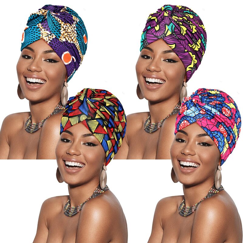 2022 New Print African Headtie Turban Cap Soft Stretch Twisted Pleated Beanie Head Wrap for Women Chemo Bonnet