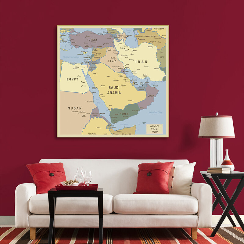 Mapa de distribución política del medio oriente, lienzo no tejido, pintura, póster de pared, decoración del hogar, suministros escolares, 150x150 Cm