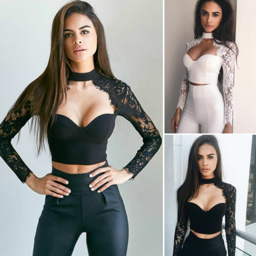 Summer Fashion Women Sexy Cutout Long Sleeve Lace Shirt Tops Blouse  Crop Tops White Black