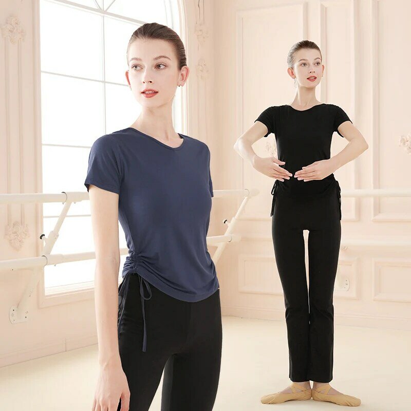 Ballett Tops Erwachsene Ballett Kordelzug Verband Tops Modal Kurzarm V-ausschnitt Tops Dance T-shirt Frau Dancewear Training Anzug