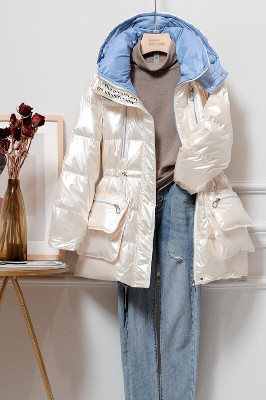 Новинка 2023, Зимняя женская яркая пуховая куртка, Женская приталенная куртка средней длины в Корейском стиле, женское свободное пуховое пальто на белом утином пуху