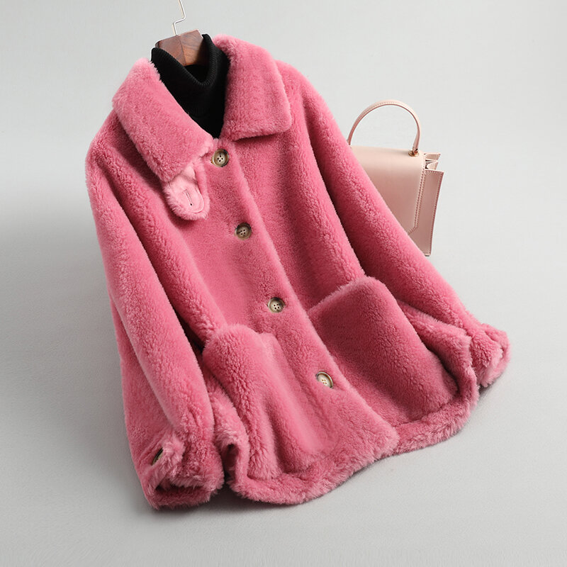 Casaco de lã de grão feminino, jaqueta curta de couro e pele de ovelha solta com peles para outono e inverno, novo estilo