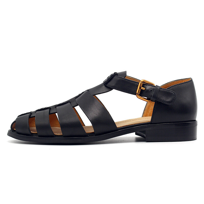 Homens sandálias gladiador 2023 couro genuíno artesanal vintage sólido preto sandálias de rua sapatos de verão britânico fivela plana sandálias