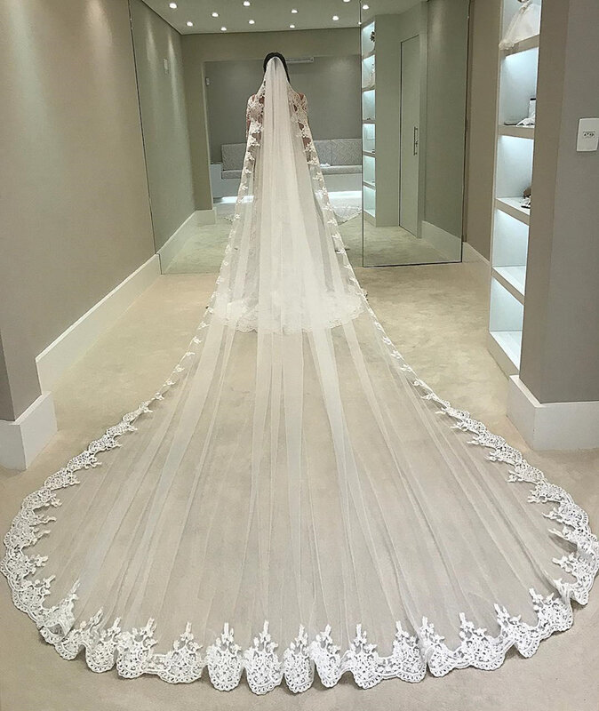 Véu De Noiva Longo Full Edge Lace, 1 Camada De Tule Véu De Noiva Com Pente, Acessórios De Casamento, Marfim Branco, 4 m
