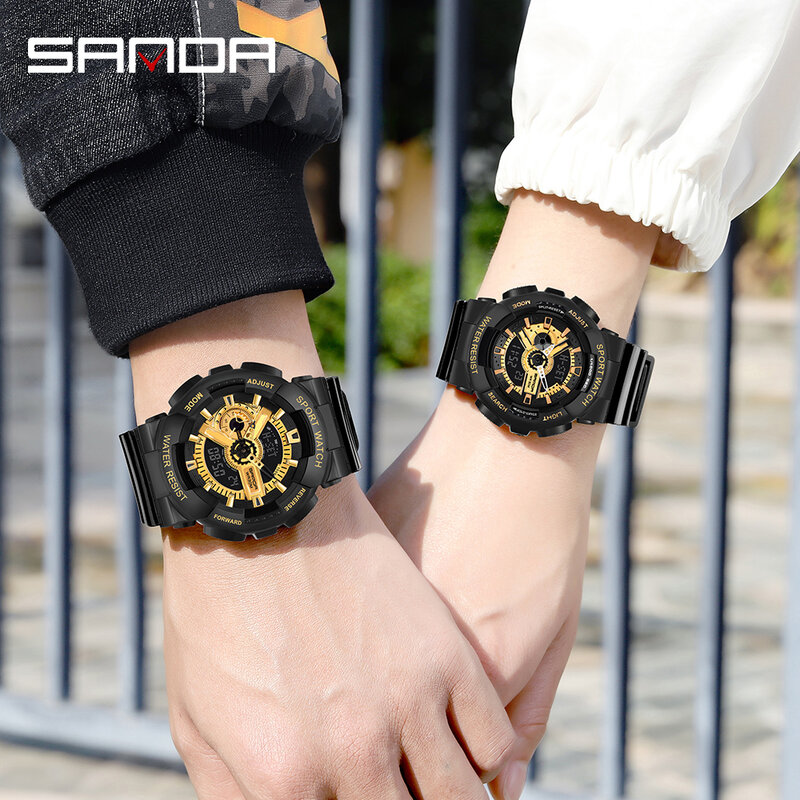 Modne marka Sanda zegarki męskie damskie wojskowe w stylu G zegarek sportowy z podwójnym wyświetlaczem męski dla par zegar wodoodporny
