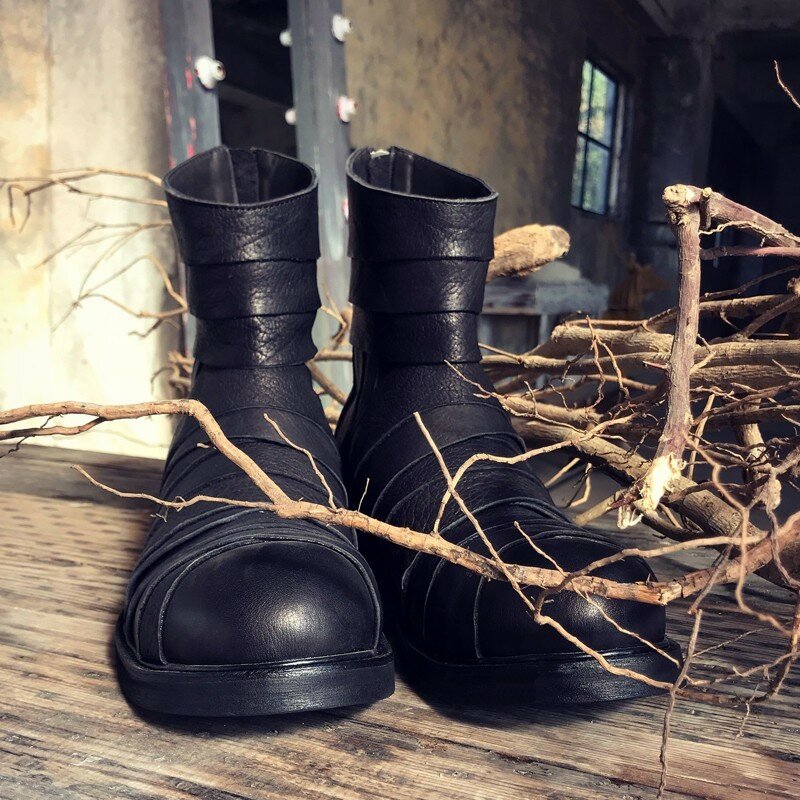 Styl Harajuku oryginalna punkowa skórzana łączona męskie średnio wysokie buty z cholewami osobowość projektant nowy okrągły nosek z powrotem zamek wzrost buty