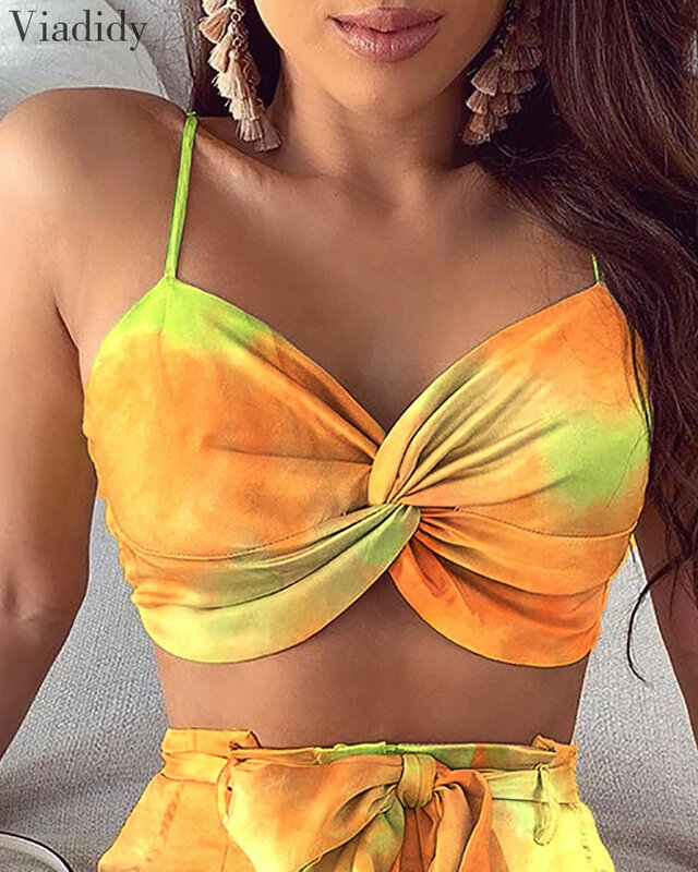 Women Spaghetti Strap Crop Top and Shorts Set Print Sleeveless Two Piece Suit Set
