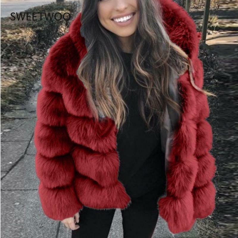 Inverno quente casaco de pele de raposa do falso casaco de pele longa de luxo feminino com capuz elegante de alta qualidade engrossar jaqueta macia