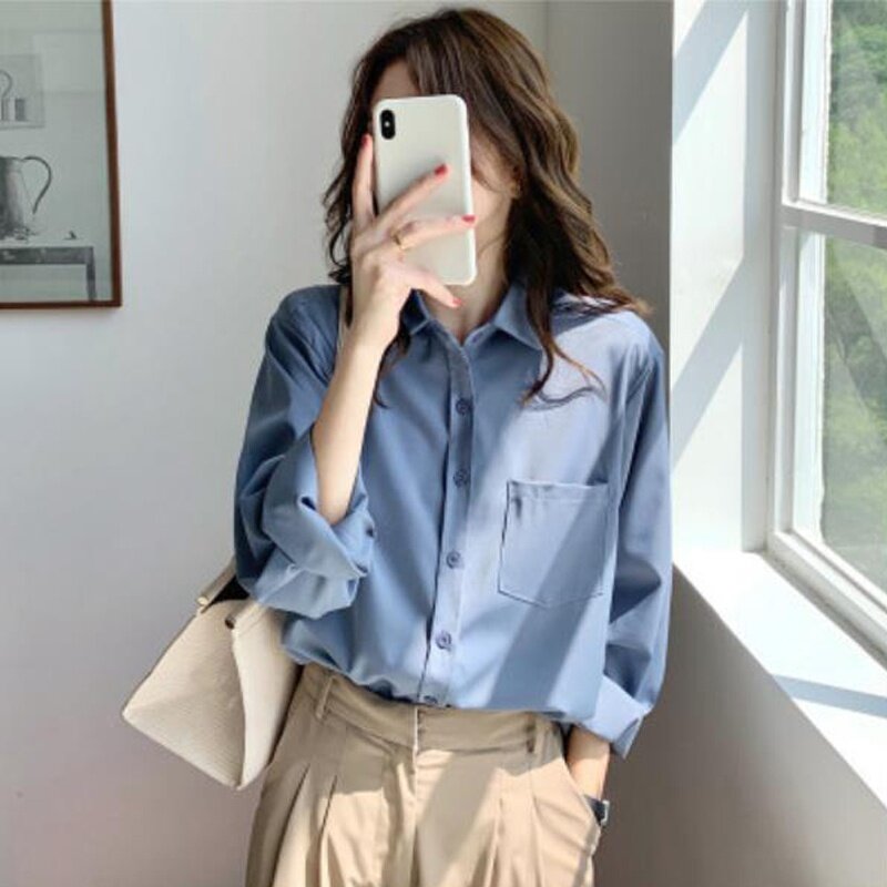 Womens Tops and Blouses 2021 Spring Long Sleeve Shirt Top Women OL Pocket Solid Color Shirt Blusas
