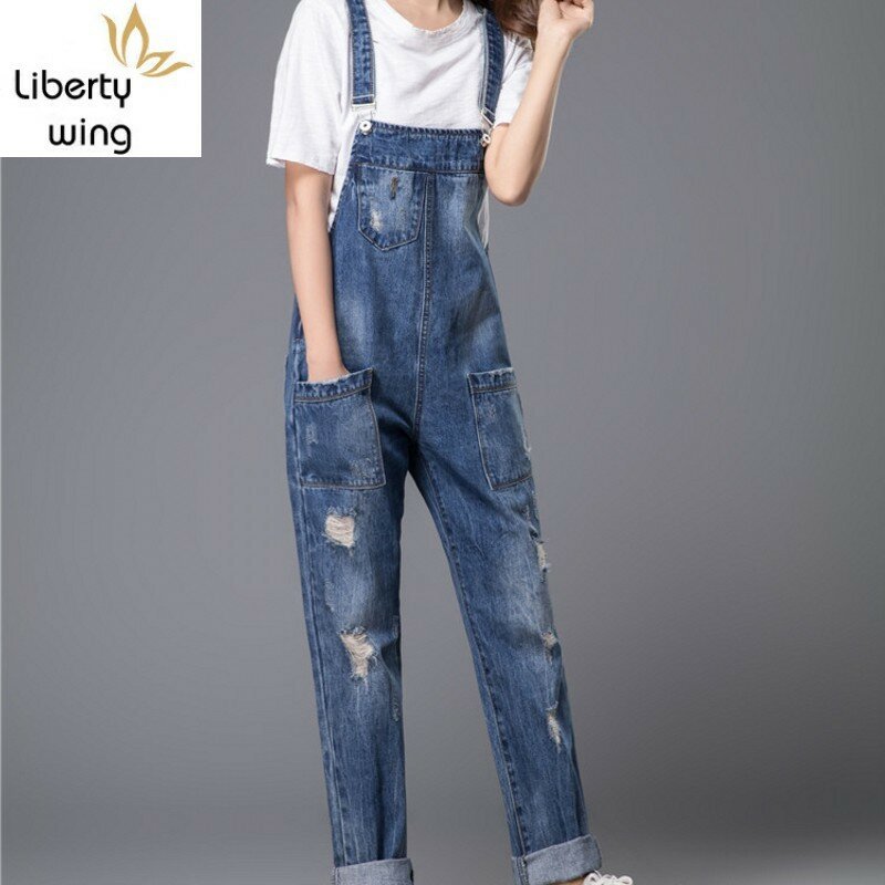 Plus Ukuran Wanita Lebar Kaki Longgar Ripped Denim Overall Eropa Jumpsuit Pacar Lubang Kantong Celana Jeans Baju Monyet Biru S M XL 3Xl 5Xl 6Xl