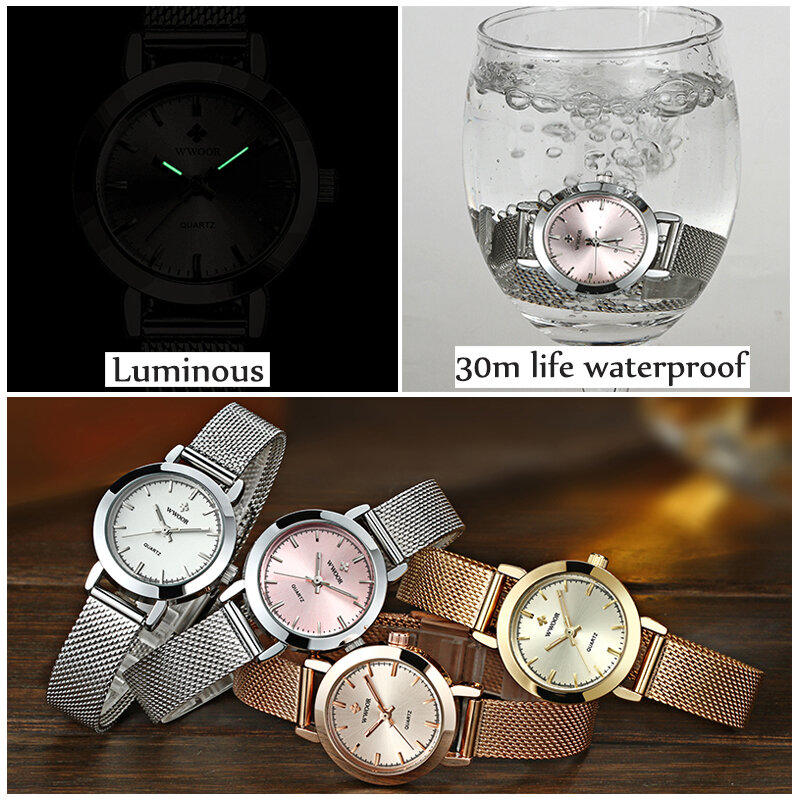WWOOR-Relógio de aço inoxidável para mulheres, relógios femininos, marca superior, vestido de ouro, relógio de pulso pequeno, moda luxuosa, 2023