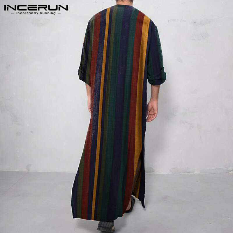 INCERUN Men Ethnic Robe Vintage Striped Long Sleeve Muslim Kaftan Robe O Neck Buttons Jubba Thobe Pockets Dubai Arabic Clothing