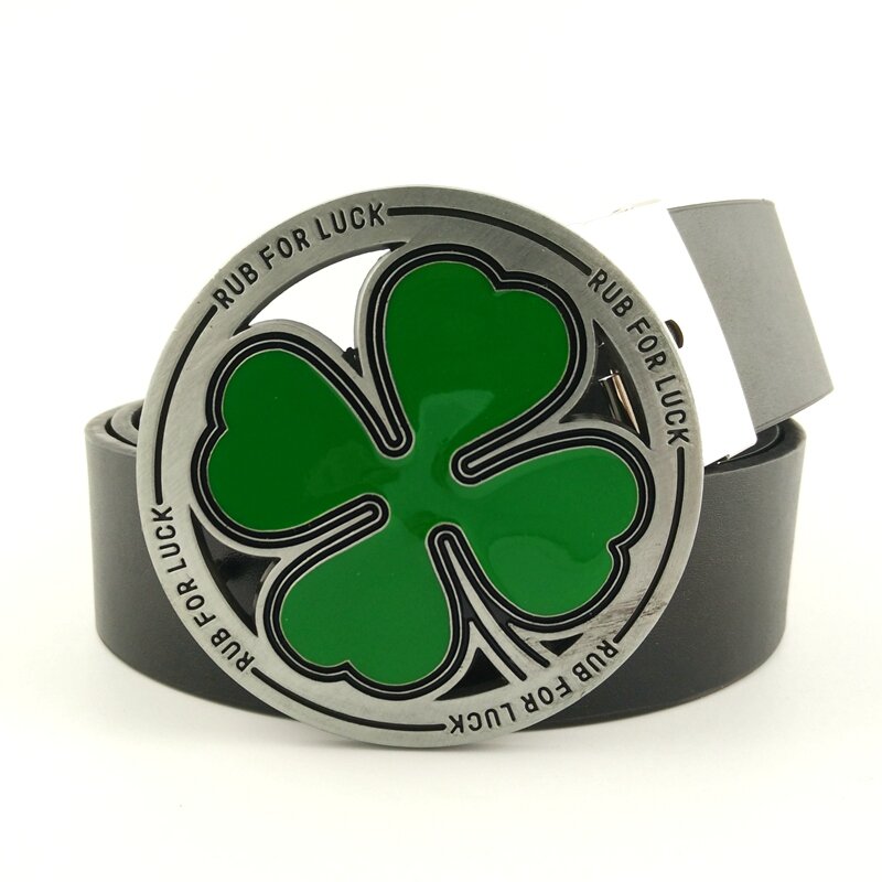 Women's Belts Black PU Leather Irish Lucky Four Leaf Clover Rub For Luck Belt Buckle Metal For Jeans Mens Gifts DIY  Accessories