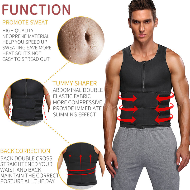 الرجال محدد شكل الجسم قميص ساونا مدرب خصر حزام مزدوج قميص العرق مشد أعلى البطن التخسيس ملابس داخلية حرق الدهون اللياقة البدنية