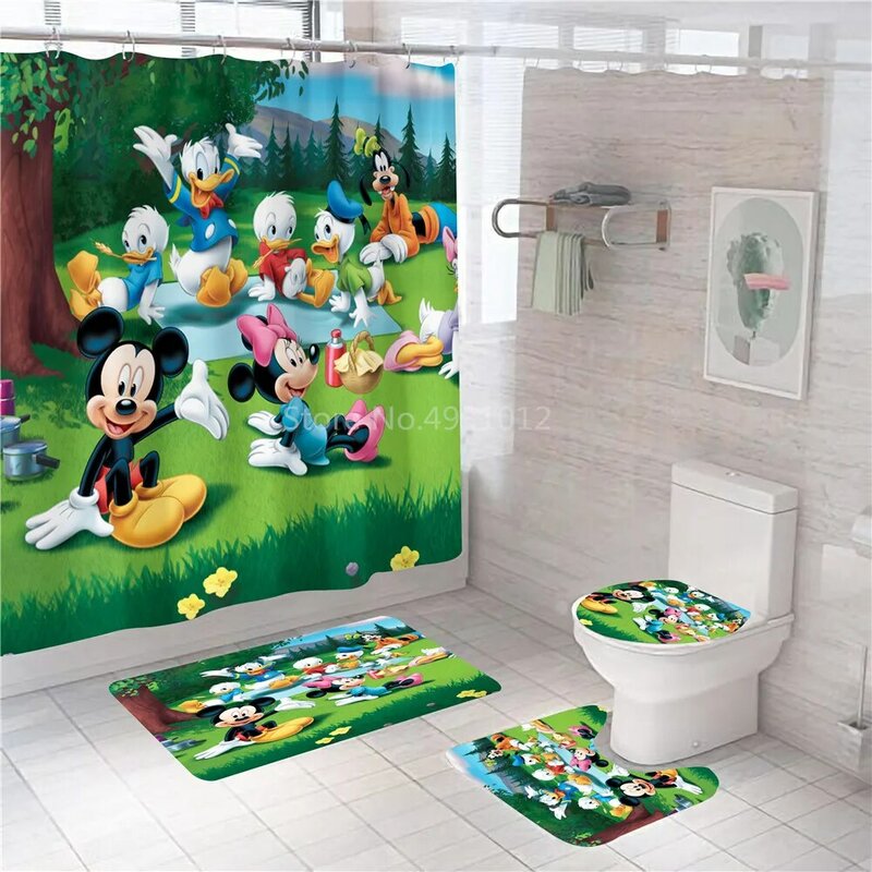 Disney-cortina de baño con dibujos animados de Mickey y Minnie Mouse, 180x180cm, 1 unidad/4 piezas w/12 ganchos, para ducha, alfombrilla de inodoro, tapa, alfombra, juegos de cortinas