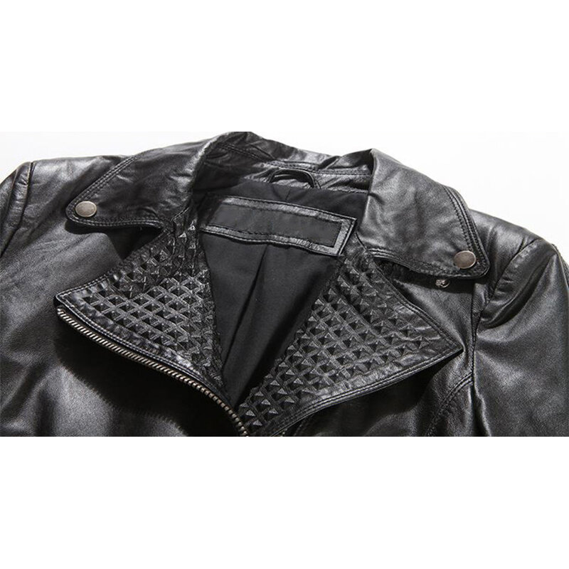Autumn Women Punk Rivet Motorcycle Jackets Short Real Sheepskin Genuine Leather Zipper Slim Coats Ladies Fashion Clothes