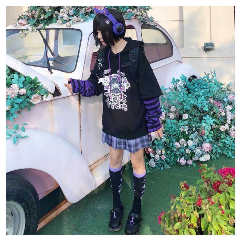Japoński Moletom Anime bluzy Cartoon E dziewczyna Y2K Gothic Harajuku estetyczna bluza z kapturem swetry damskie bluzy Emo ubrania