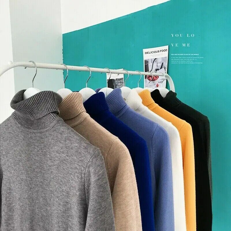 Suéter de punto ajustado para hombre, Jersey masculino de punto ajustado, informal, de Color sólido, cuello alto tejido, 2019