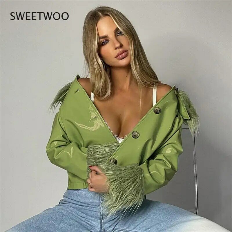 Chaqueta de cuero de manga larga para mujer, chaqueta ajustada de un solo pecho con cuello de piel, cálida, 3 colores, otoño e invierno, 2021