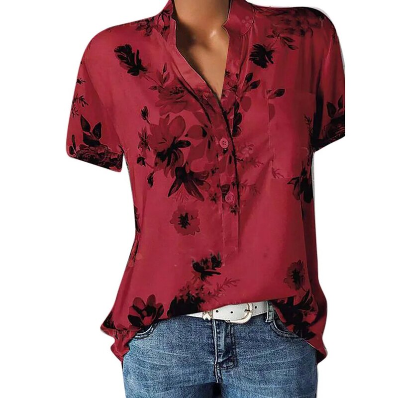 女性用フローラルプリントシャツ,自由奔放に生きるスタイル,半袖チュニック,ラージサイズ,ポケット付き,2020