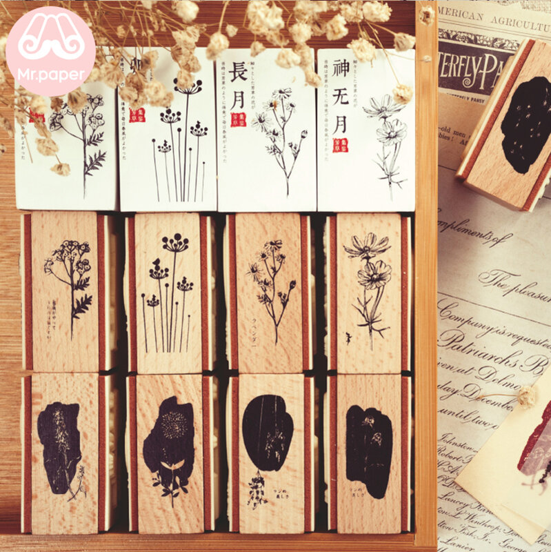 Señor papel, 12 diseños de colecciones de plantas japonesas, sello de goma de madera de doble cara para decoración de colección de recortes, sello de madera estándar