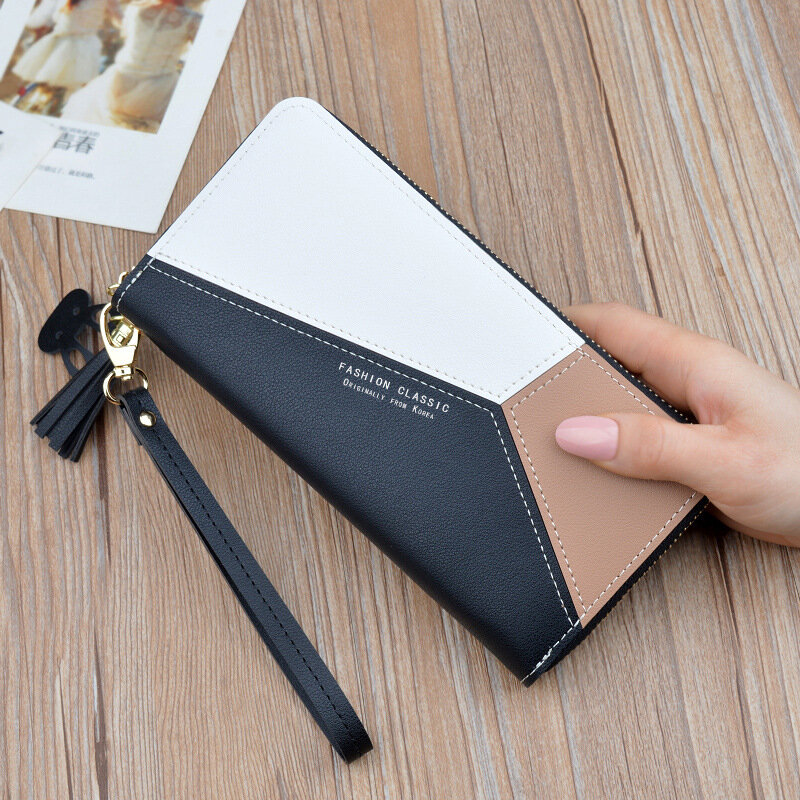 Geometryczne damskie portfele z zamkiem błyskawicznym różowy telefon kieszonkowy portfel posiadacz karty Patchwork kobiety długi portfel pani Tassel krótki moneta kiesa