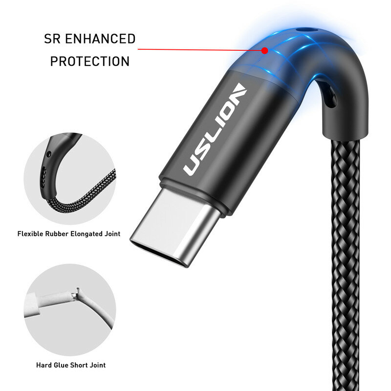 USLION 3A USB Type C Кабель Провод для быстрой зарядки для Samsung Galaxy S8 S21 Plus Xiaomi mi11 Huawei Мобильный телефон USB C Зарядный кабель